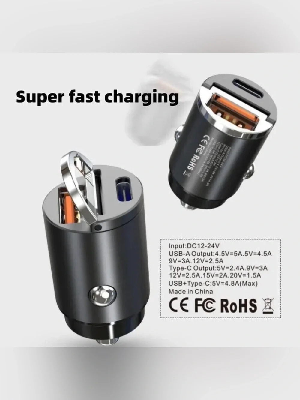 Pull Ring Aluminum Alloy Dual Port USB-C/USB-A PD QC3.0 Car Charger 12V-24V